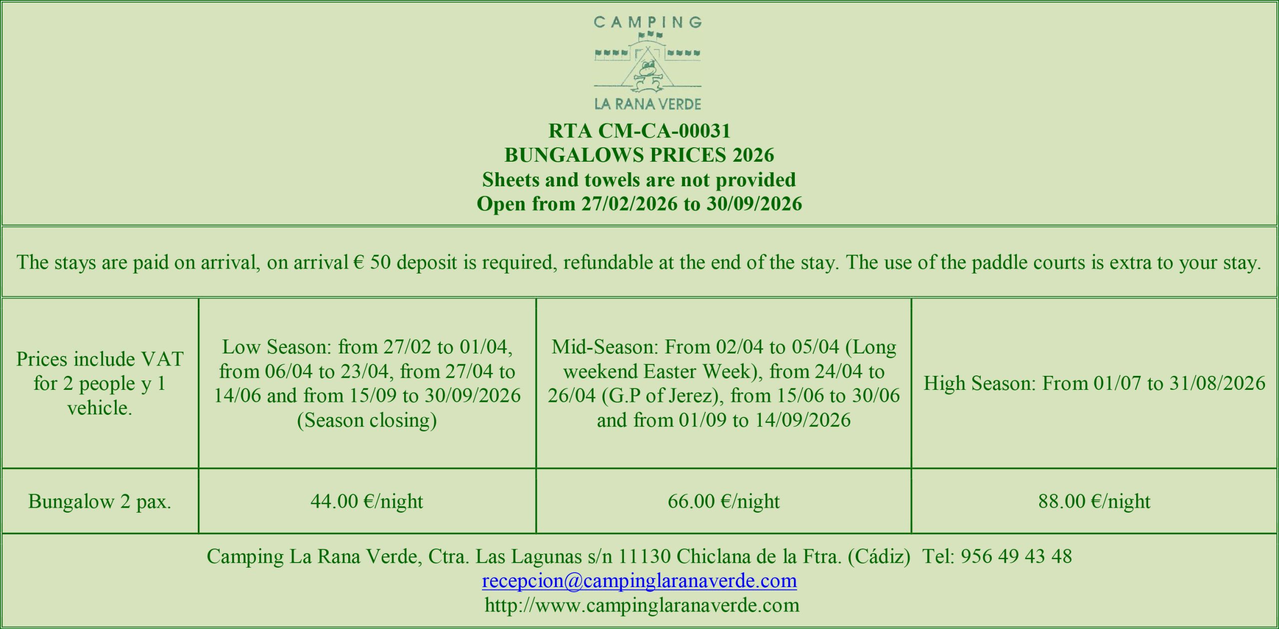Bungalows Rates 2026